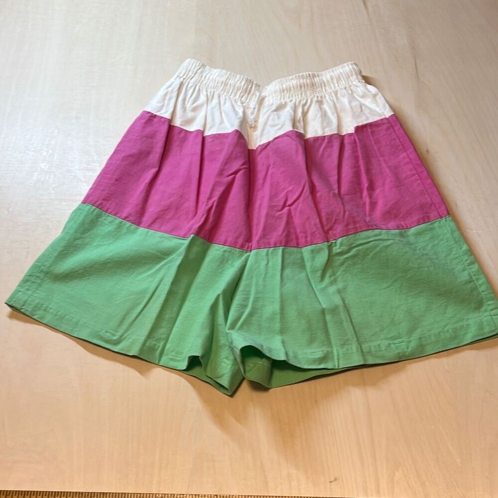 Vintage 90s -Disney white, pink and lime green banded horizontal stripe Shorts d